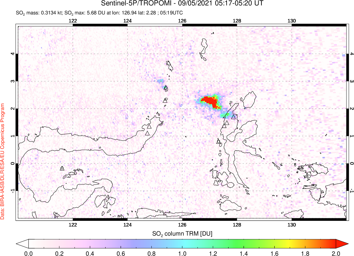 A sulfur dioxide image over Northern Sulawesi & Halmahera, Indonesia on Sep 05, 2021.