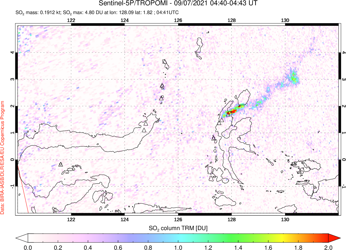 A sulfur dioxide image over Northern Sulawesi & Halmahera, Indonesia on Sep 07, 2021.