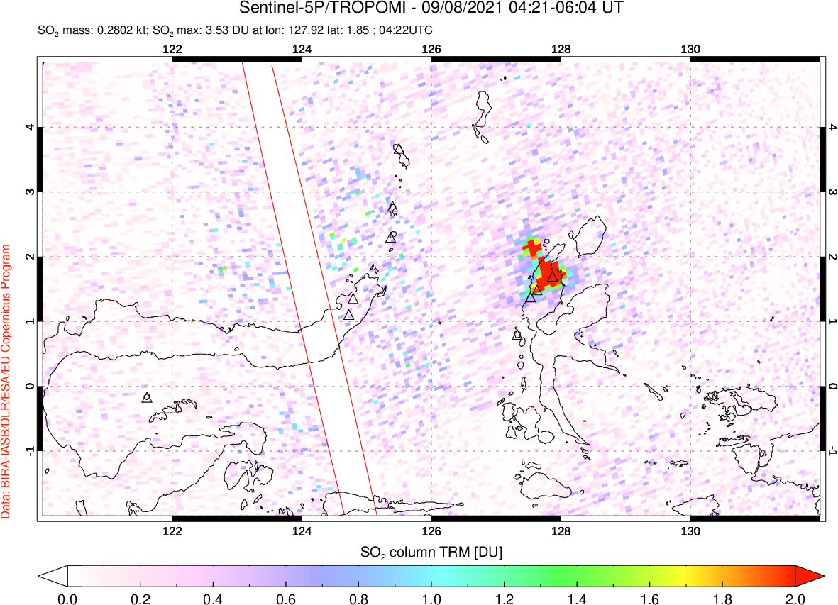 A sulfur dioxide image over Northern Sulawesi & Halmahera, Indonesia on Sep 08, 2021.