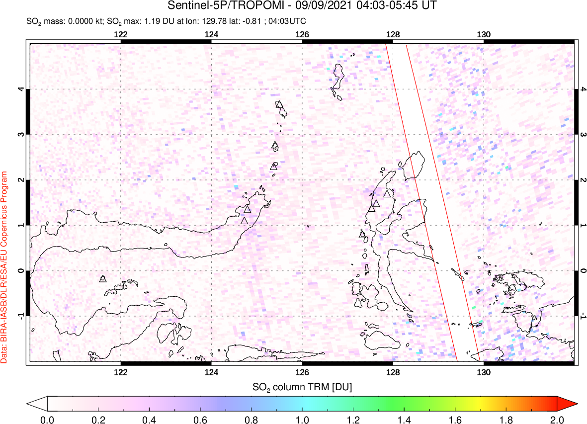 A sulfur dioxide image over Northern Sulawesi & Halmahera, Indonesia on Sep 09, 2021.