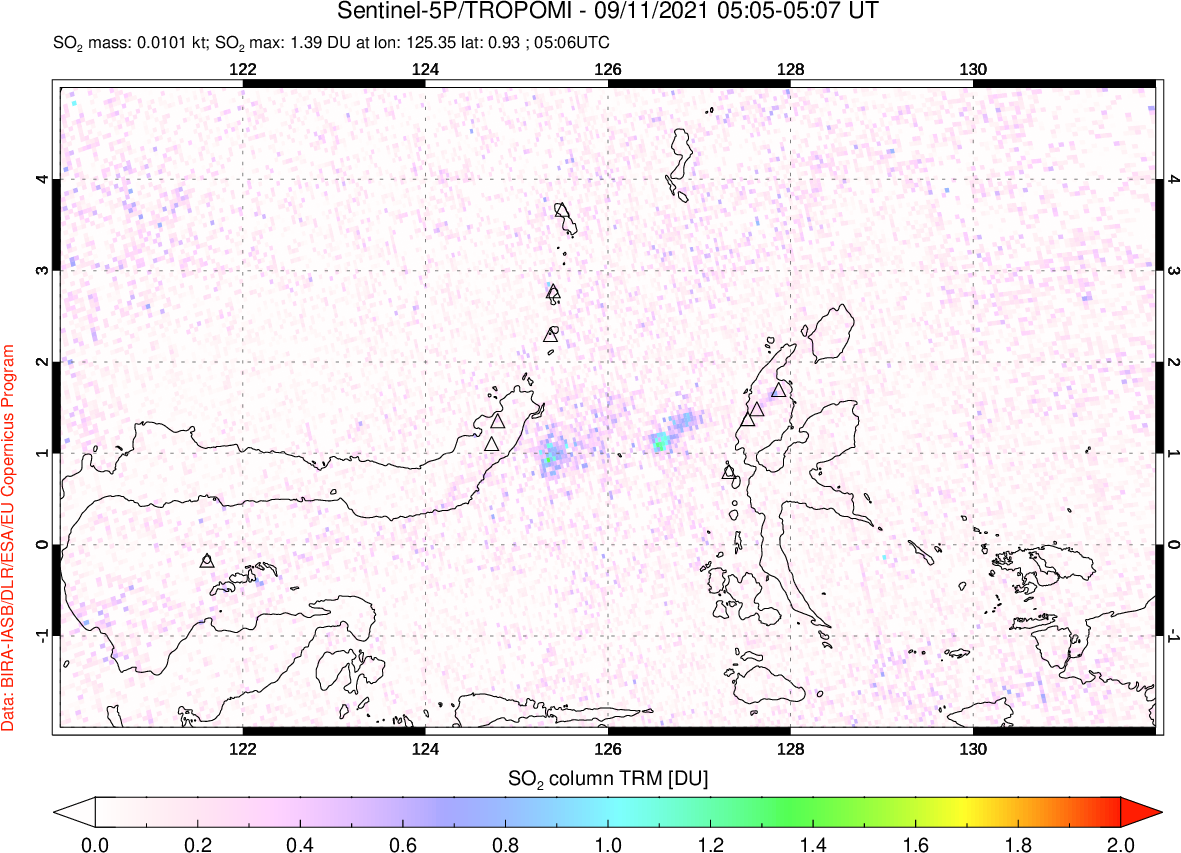 A sulfur dioxide image over Northern Sulawesi & Halmahera, Indonesia on Sep 11, 2021.
