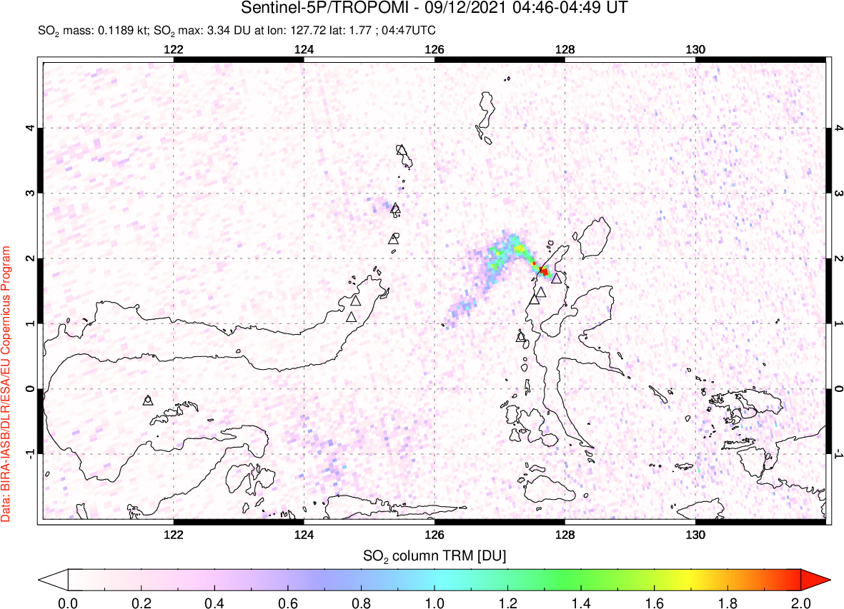 A sulfur dioxide image over Northern Sulawesi & Halmahera, Indonesia on Sep 12, 2021.