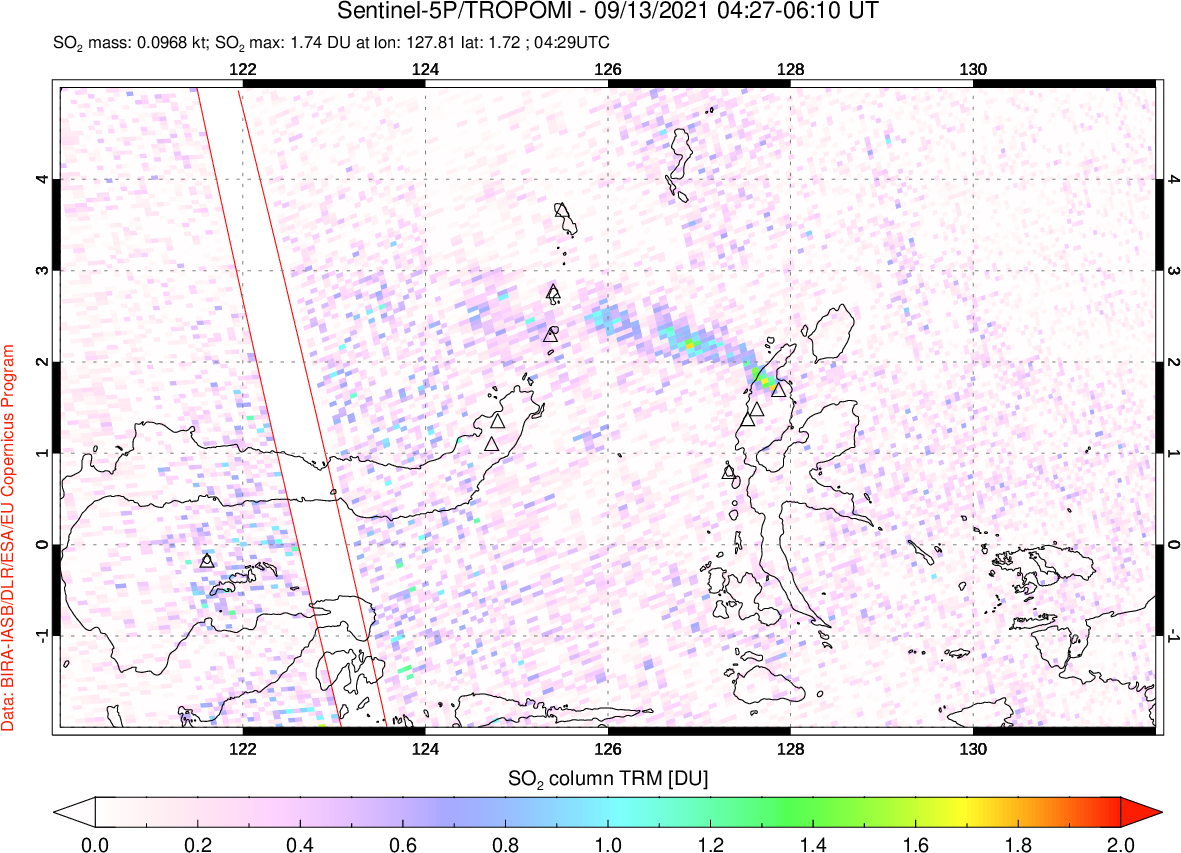 A sulfur dioxide image over Northern Sulawesi & Halmahera, Indonesia on Sep 13, 2021.