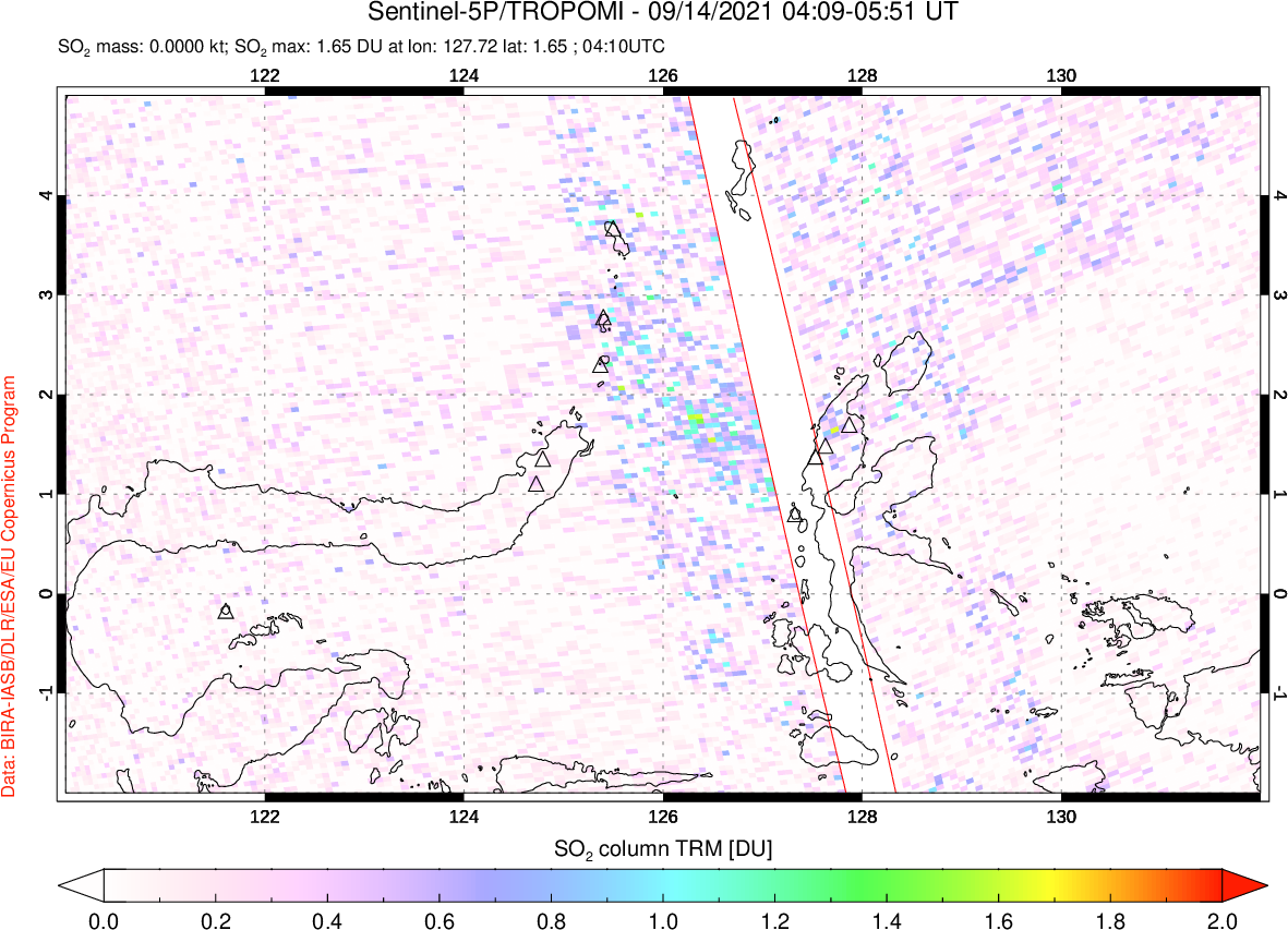 A sulfur dioxide image over Northern Sulawesi & Halmahera, Indonesia on Sep 14, 2021.