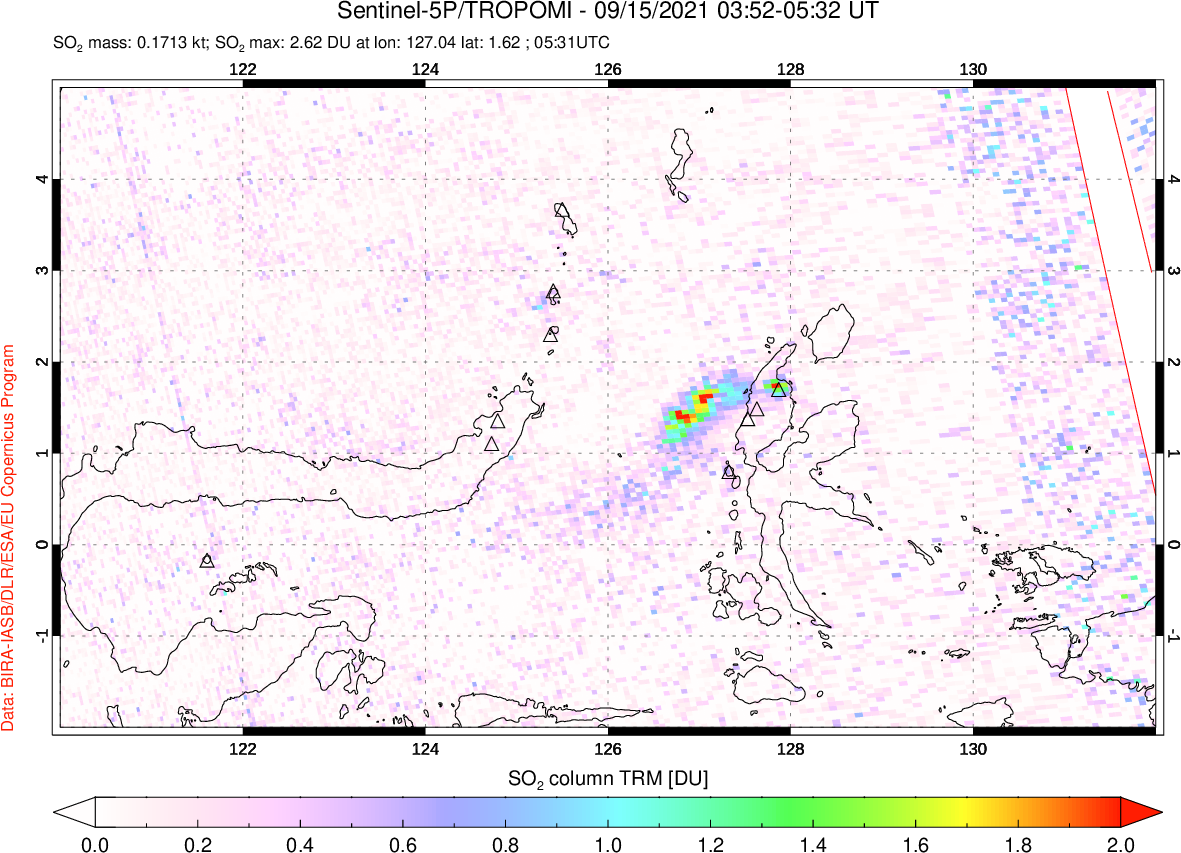 A sulfur dioxide image over Northern Sulawesi & Halmahera, Indonesia on Sep 15, 2021.