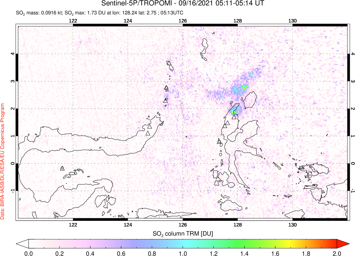 A sulfur dioxide image over Northern Sulawesi & Halmahera, Indonesia on Sep 16, 2021.