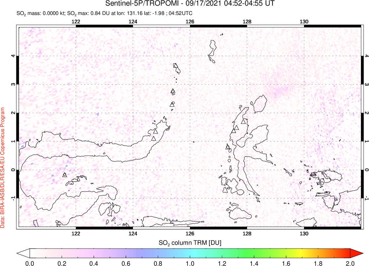 A sulfur dioxide image over Northern Sulawesi & Halmahera, Indonesia on Sep 17, 2021.