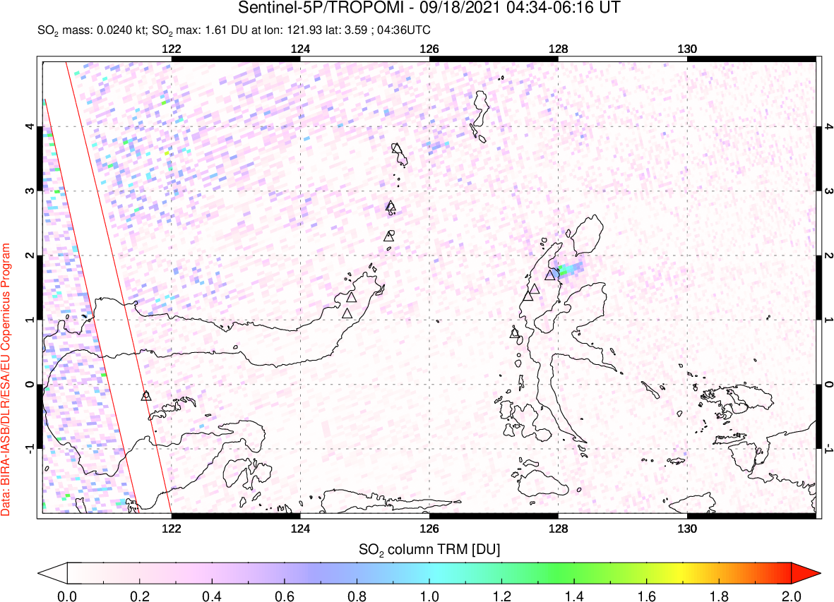 A sulfur dioxide image over Northern Sulawesi & Halmahera, Indonesia on Sep 18, 2021.