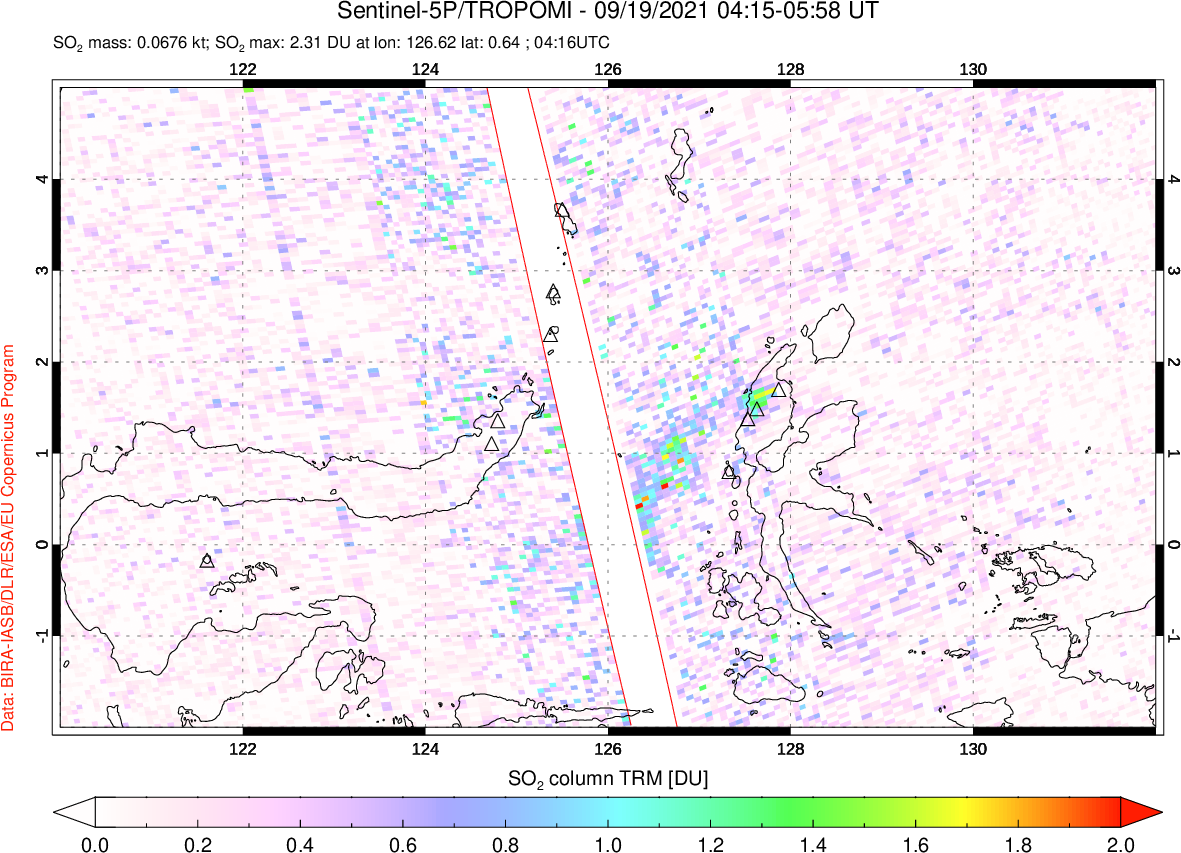 A sulfur dioxide image over Northern Sulawesi & Halmahera, Indonesia on Sep 19, 2021.