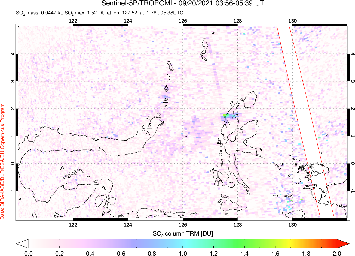A sulfur dioxide image over Northern Sulawesi & Halmahera, Indonesia on Sep 20, 2021.