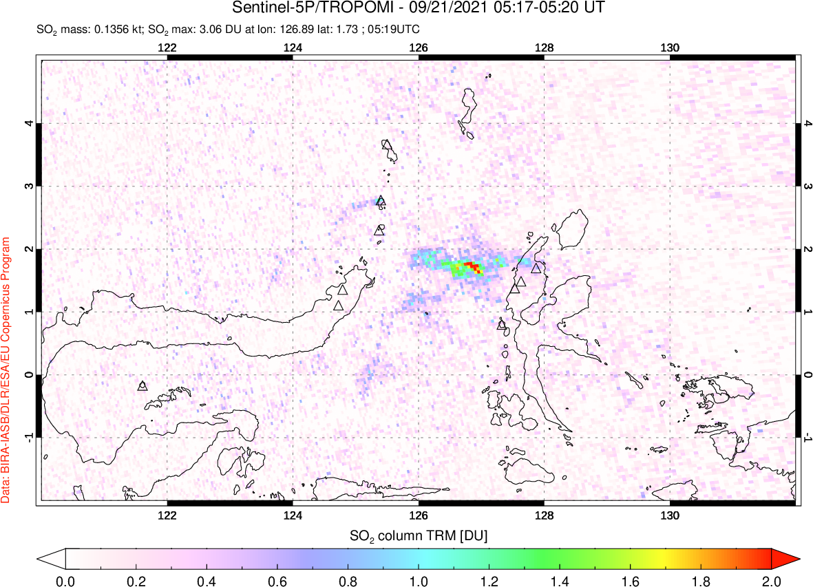 A sulfur dioxide image over Northern Sulawesi & Halmahera, Indonesia on Sep 21, 2021.