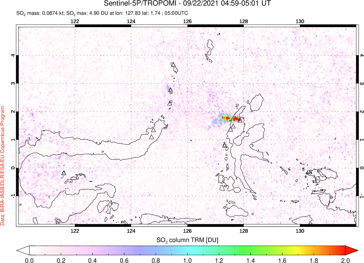 A sulfur dioxide image over Northern Sulawesi & Halmahera, Indonesia on Sep 22, 2021.