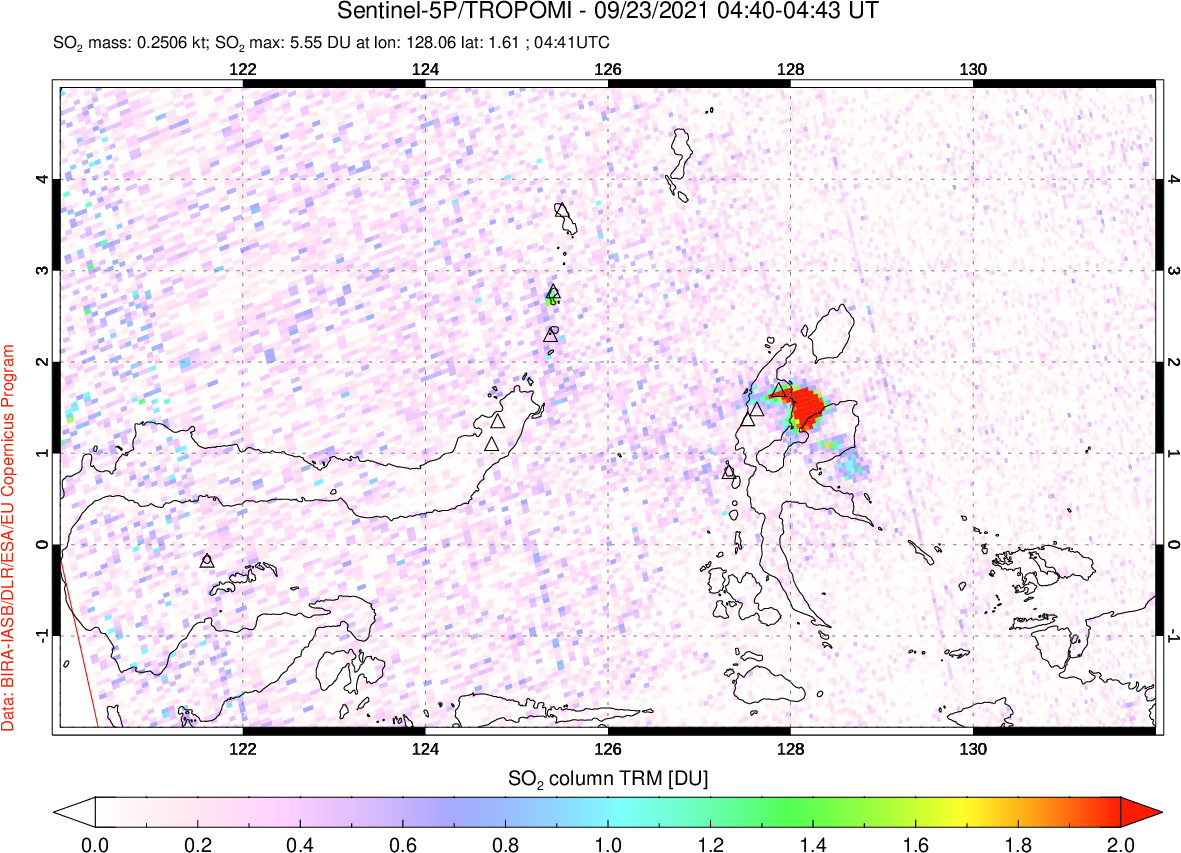A sulfur dioxide image over Northern Sulawesi & Halmahera, Indonesia on Sep 23, 2021.