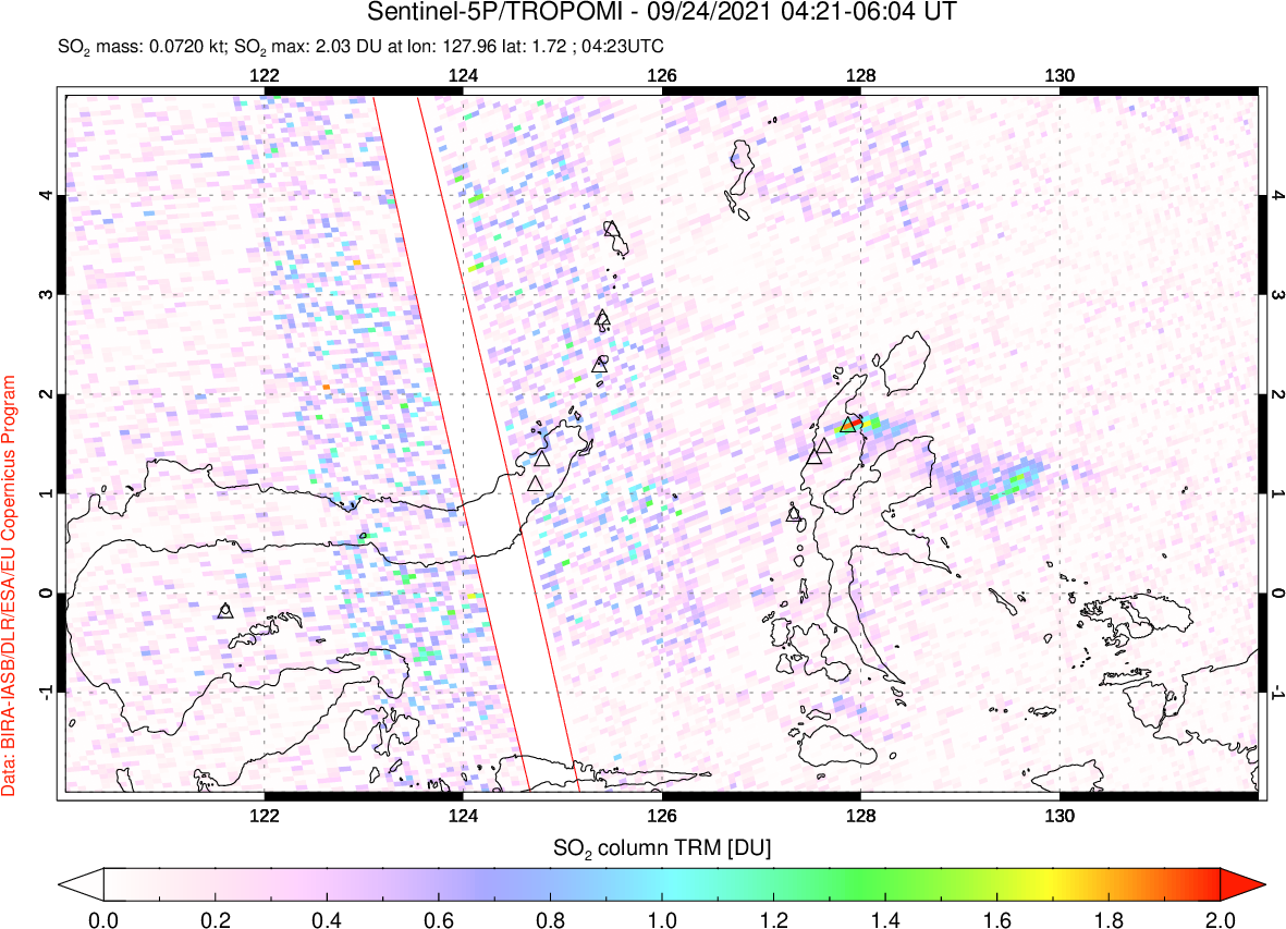 A sulfur dioxide image over Northern Sulawesi & Halmahera, Indonesia on Sep 24, 2021.