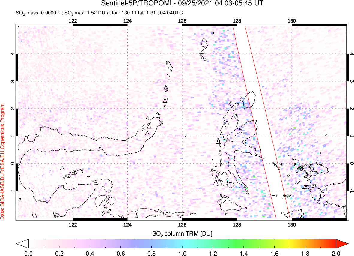 A sulfur dioxide image over Northern Sulawesi & Halmahera, Indonesia on Sep 25, 2021.