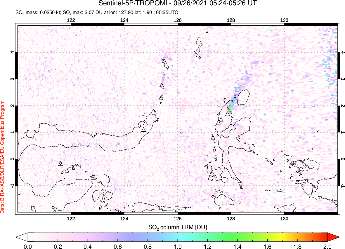 A sulfur dioxide image over Northern Sulawesi & Halmahera, Indonesia on Sep 26, 2021.