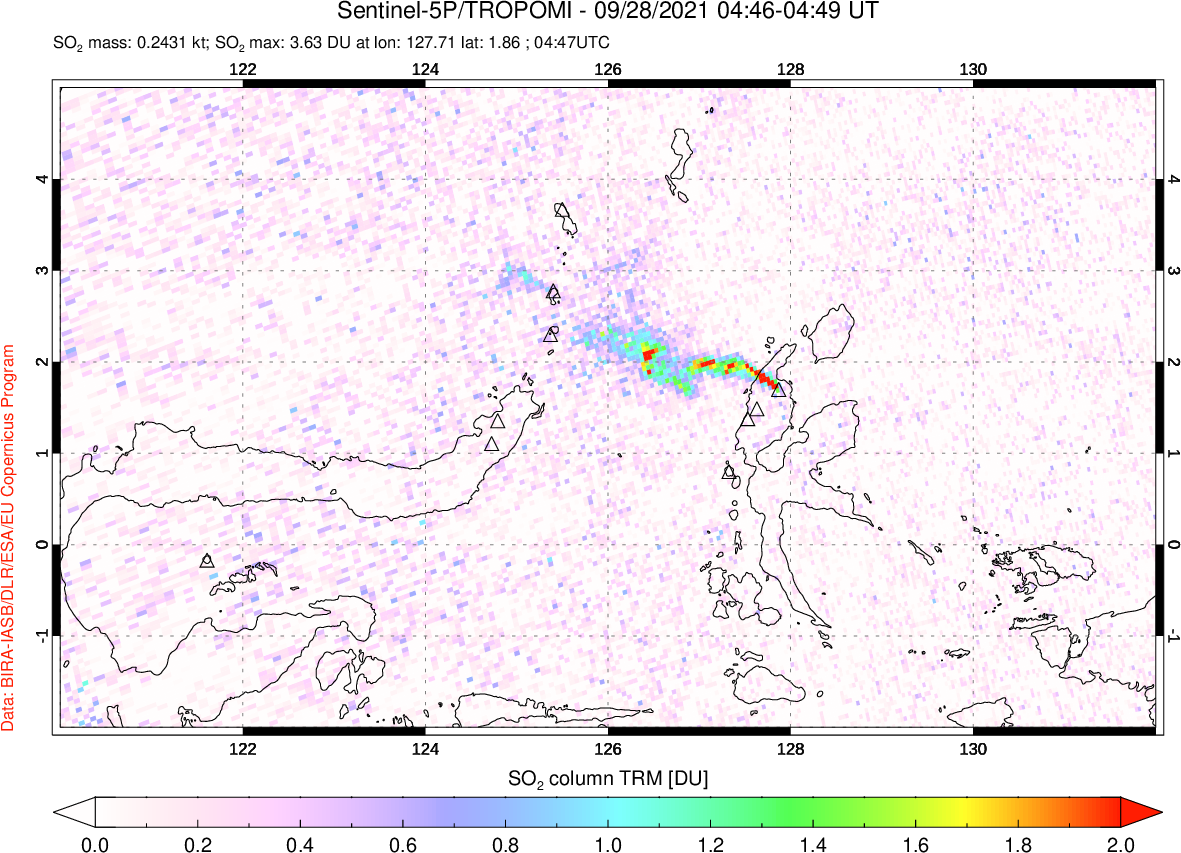 A sulfur dioxide image over Northern Sulawesi & Halmahera, Indonesia on Sep 28, 2021.