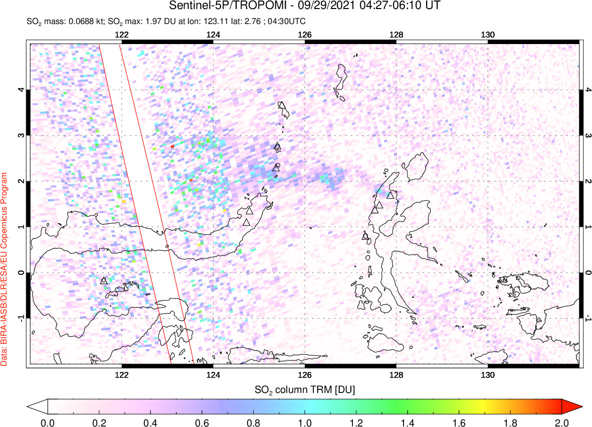 A sulfur dioxide image over Northern Sulawesi & Halmahera, Indonesia on Sep 29, 2021.