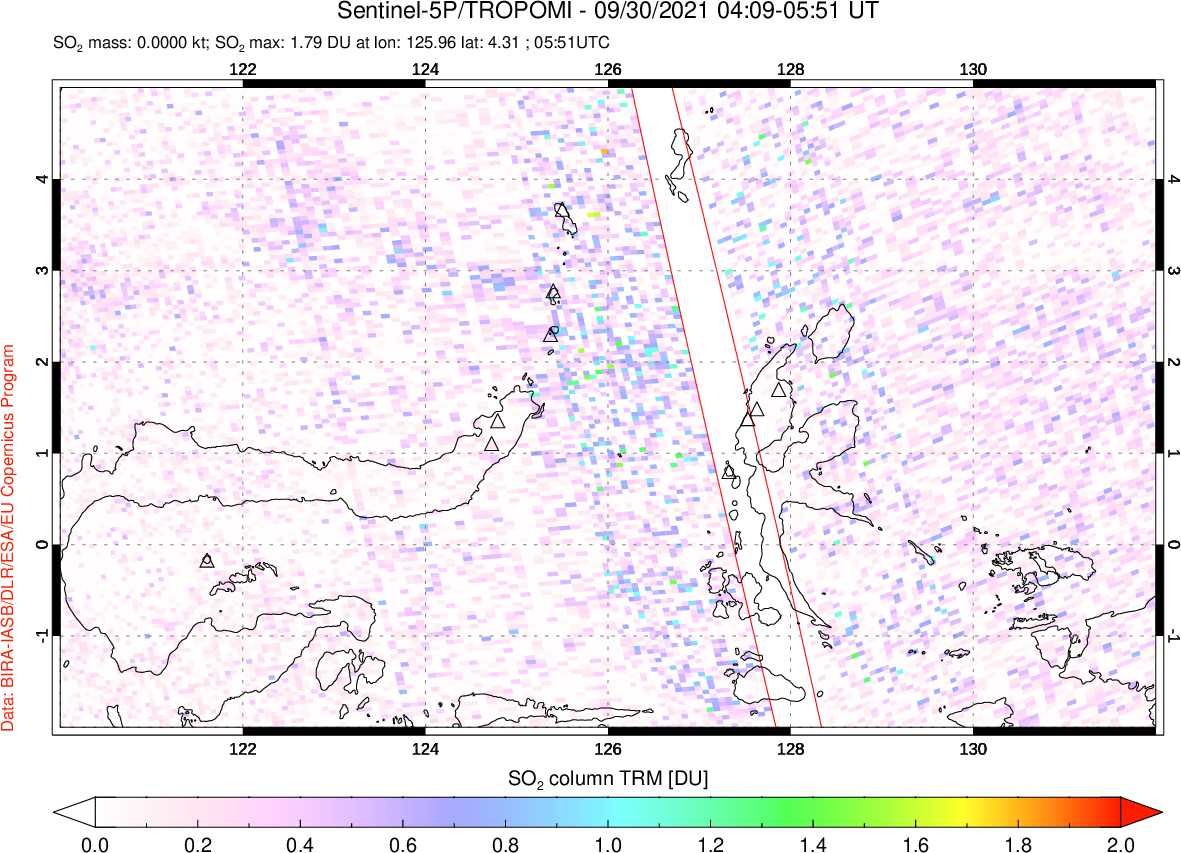 A sulfur dioxide image over Northern Sulawesi & Halmahera, Indonesia on Sep 30, 2021.