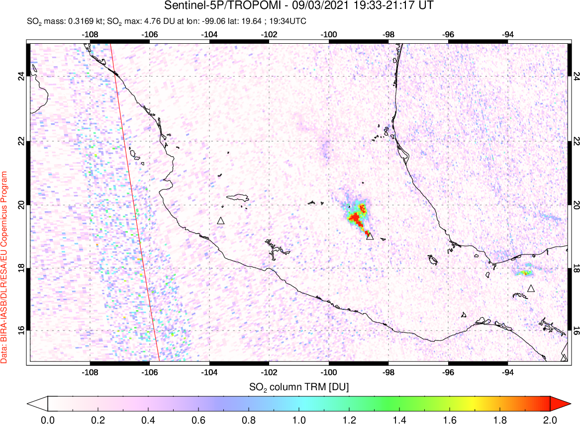 A sulfur dioxide image over Mexico on Sep 03, 2021.