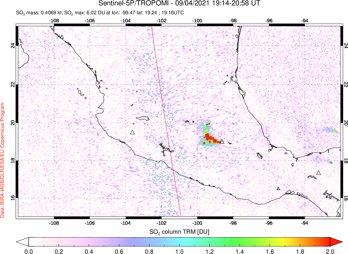 A sulfur dioxide image over Mexico on Sep 04, 2021.