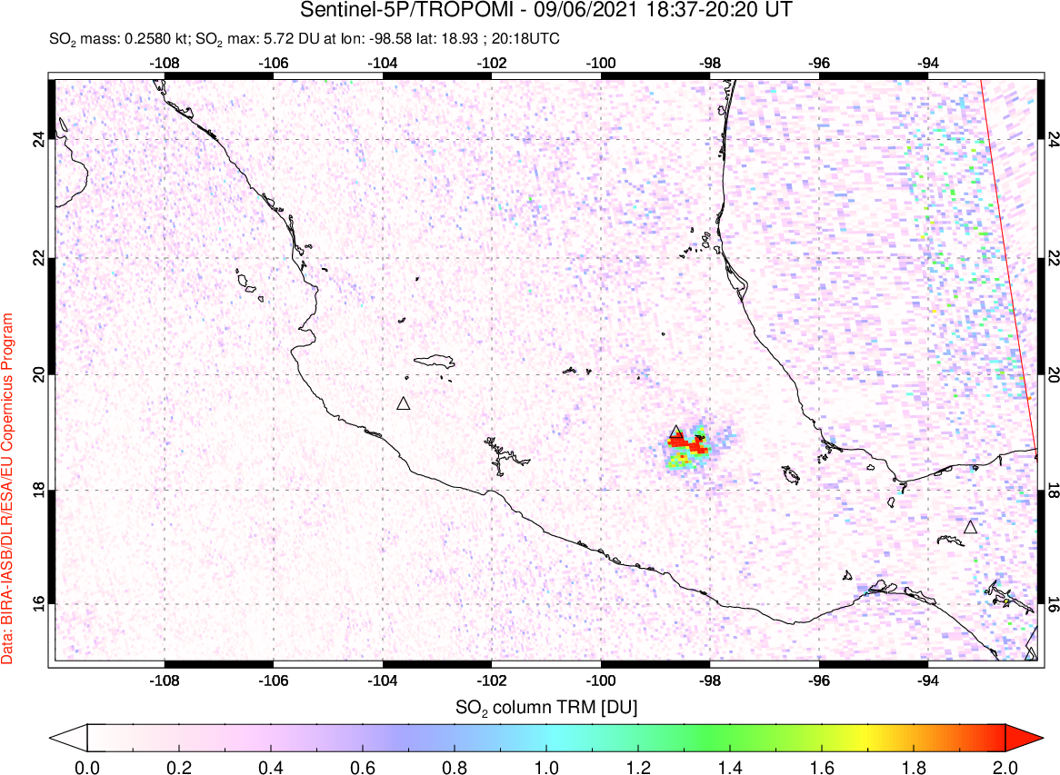 A sulfur dioxide image over Mexico on Sep 06, 2021.