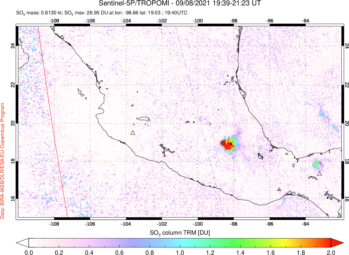 A sulfur dioxide image over Mexico on Sep 08, 2021.