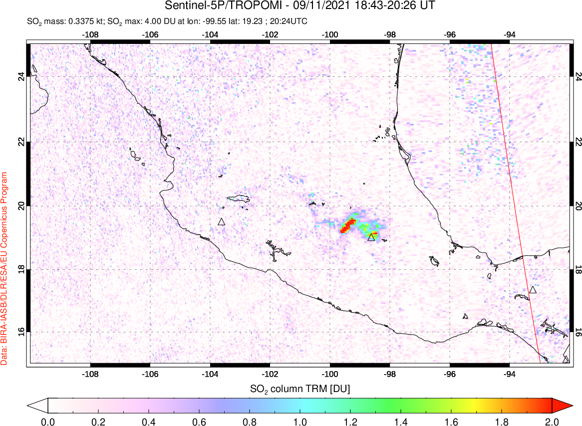 A sulfur dioxide image over Mexico on Sep 11, 2021.