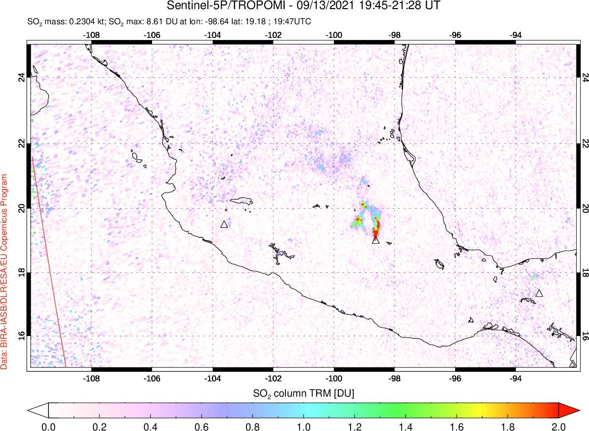 A sulfur dioxide image over Mexico on Sep 13, 2021.