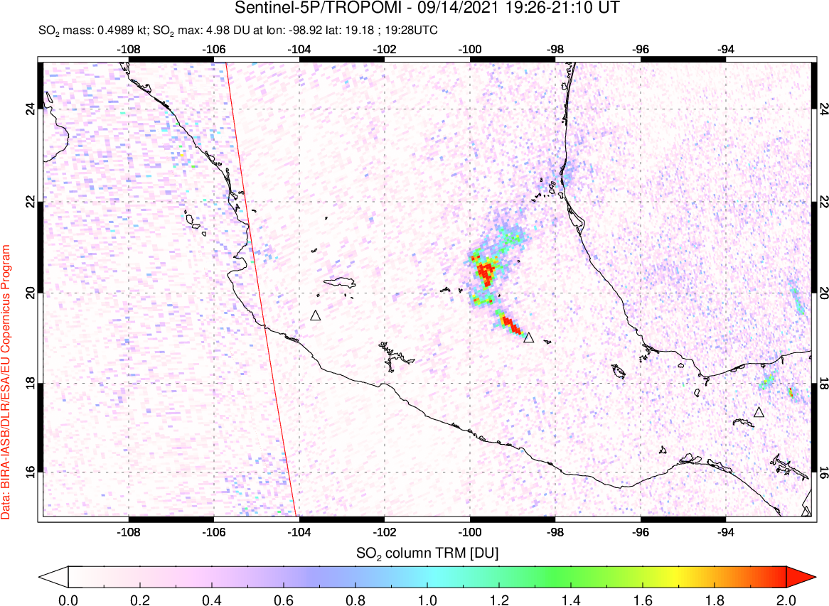 A sulfur dioxide image over Mexico on Sep 14, 2021.