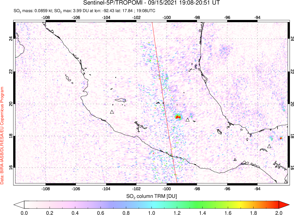 A sulfur dioxide image over Mexico on Sep 15, 2021.