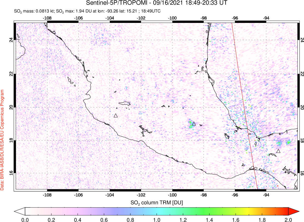 A sulfur dioxide image over Mexico on Sep 16, 2021.