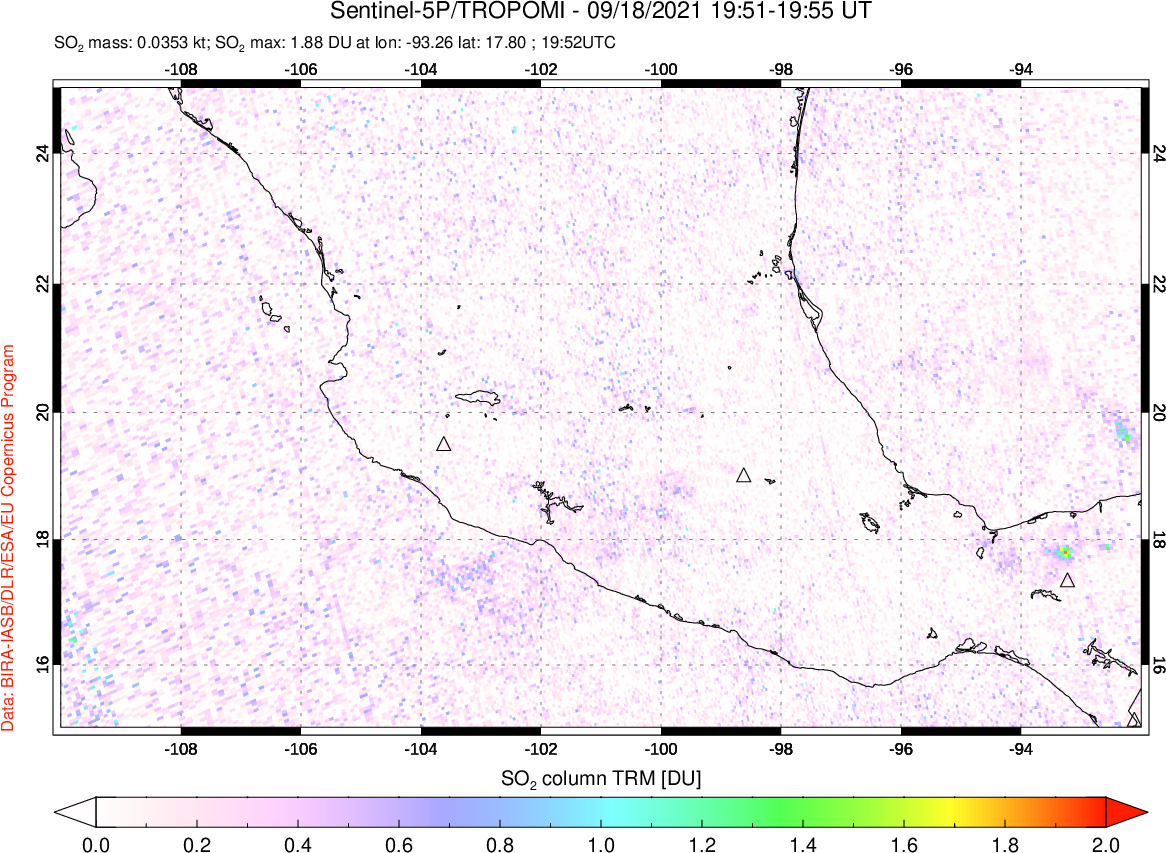 A sulfur dioxide image over Mexico on Sep 18, 2021.