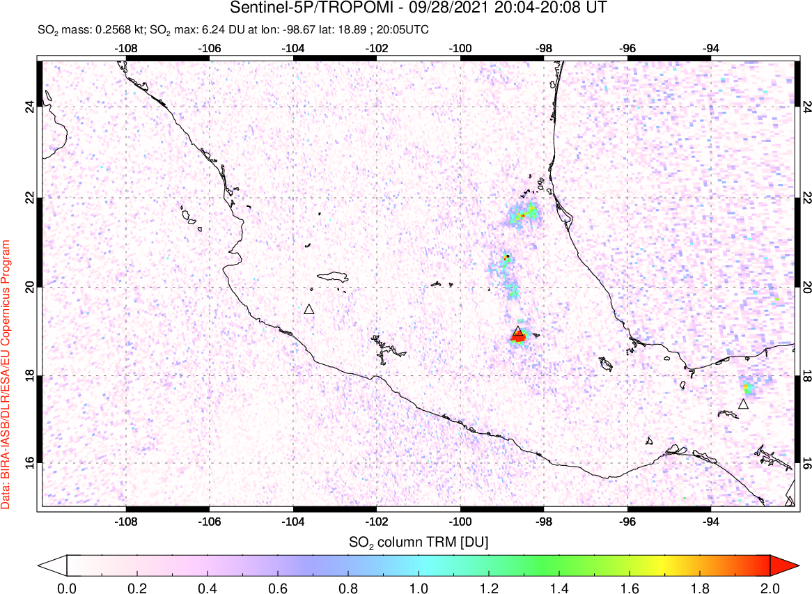 A sulfur dioxide image over Mexico on Sep 28, 2021.