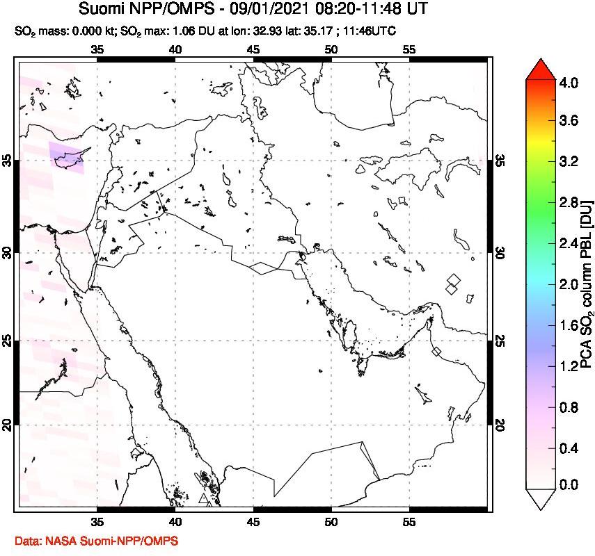 A sulfur dioxide image over Middle East on Sep 01, 2021.