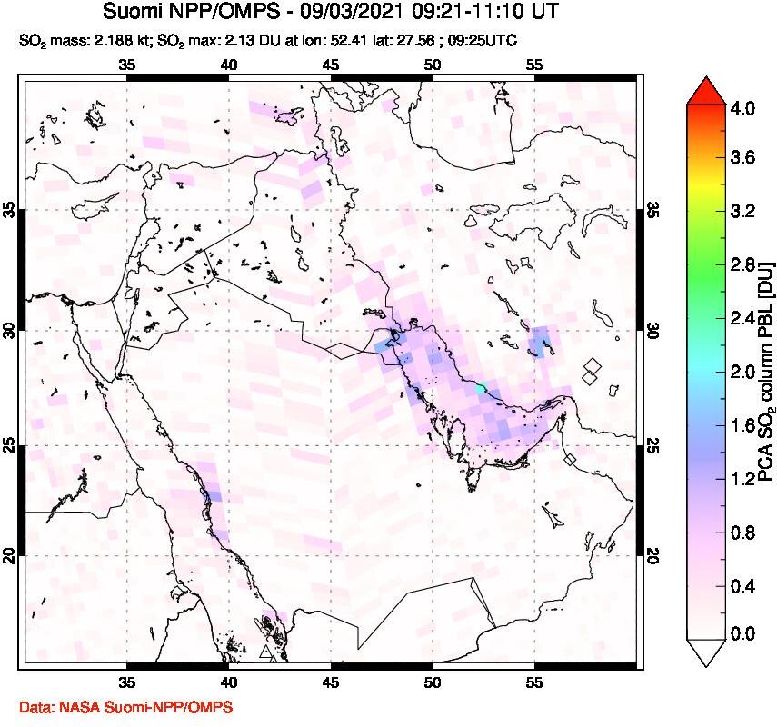 A sulfur dioxide image over Middle East on Sep 03, 2021.