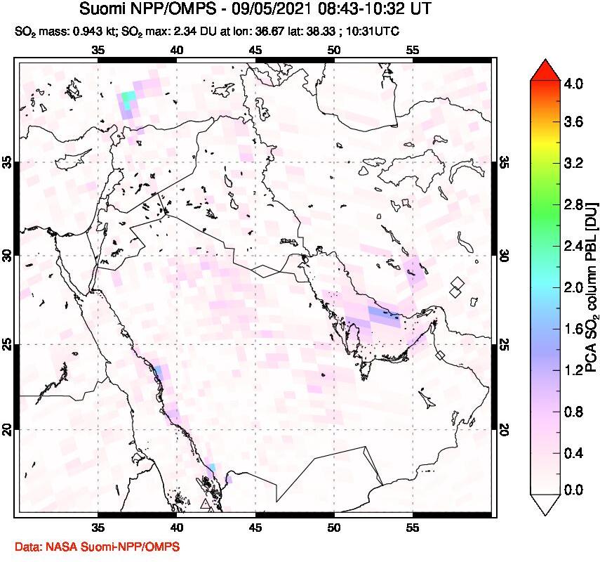 A sulfur dioxide image over Middle East on Sep 05, 2021.