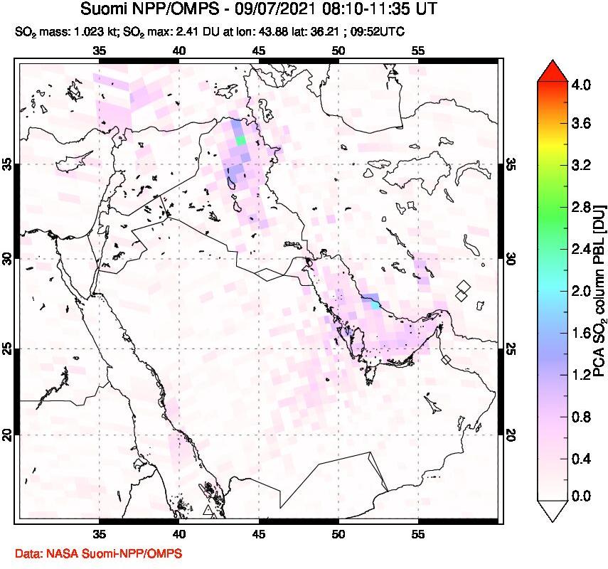 A sulfur dioxide image over Middle East on Sep 07, 2021.