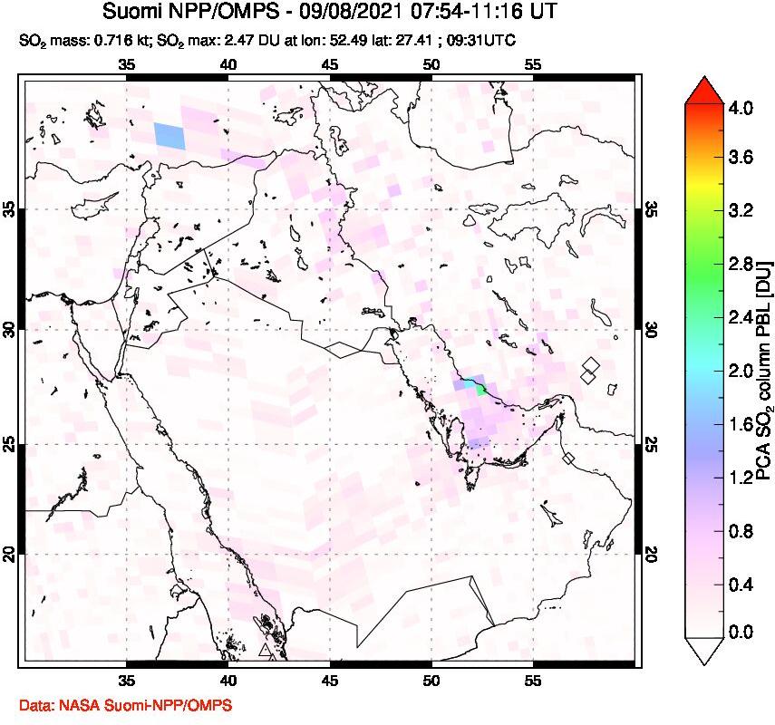 A sulfur dioxide image over Middle East on Sep 08, 2021.