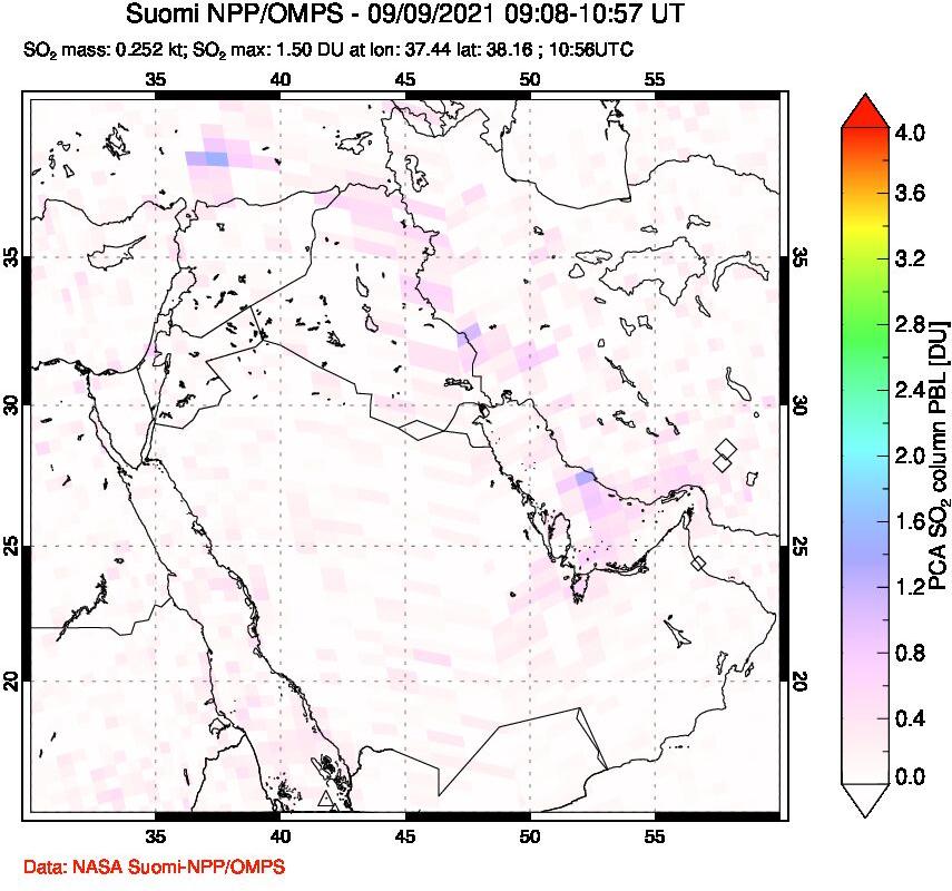 A sulfur dioxide image over Middle East on Sep 09, 2021.