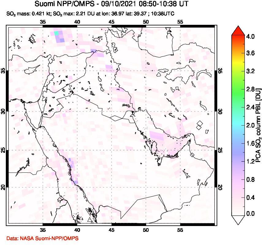 A sulfur dioxide image over Middle East on Sep 10, 2021.