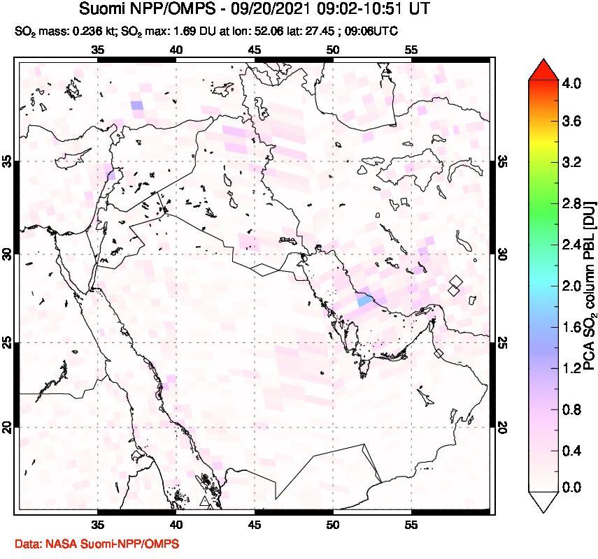 A sulfur dioxide image over Middle East on Sep 20, 2021.