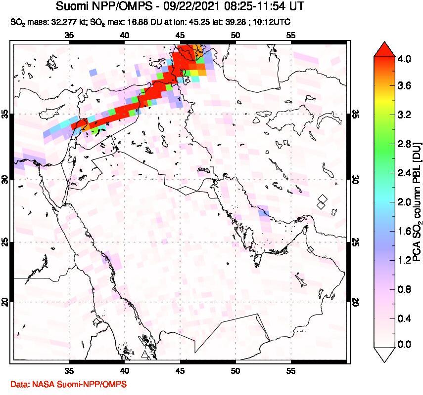 A sulfur dioxide image over Middle East on Sep 22, 2021.