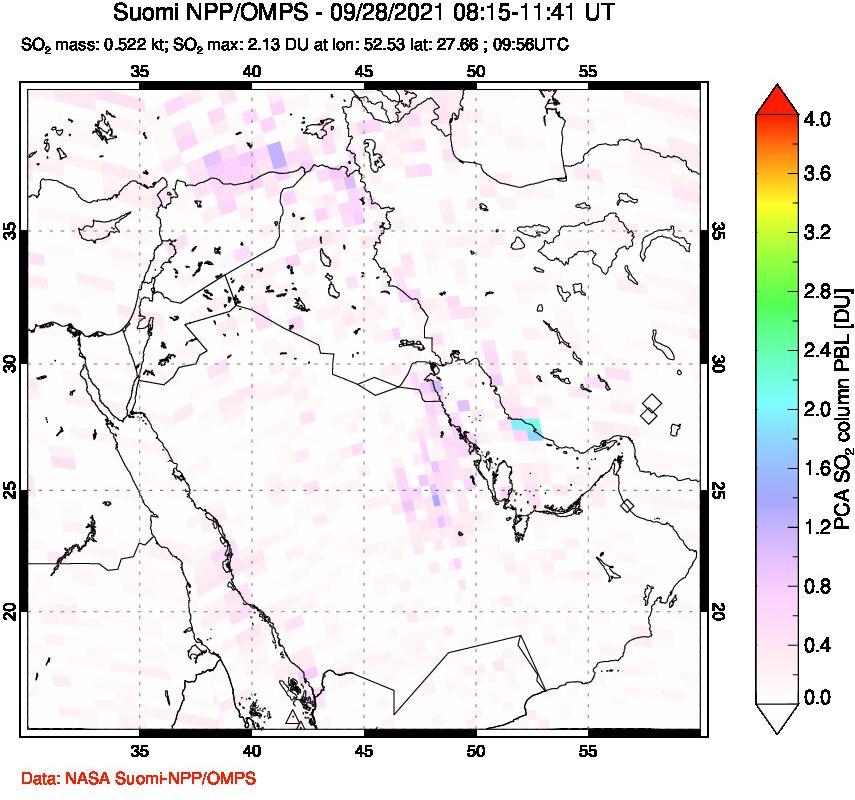 A sulfur dioxide image over Middle East on Sep 28, 2021.