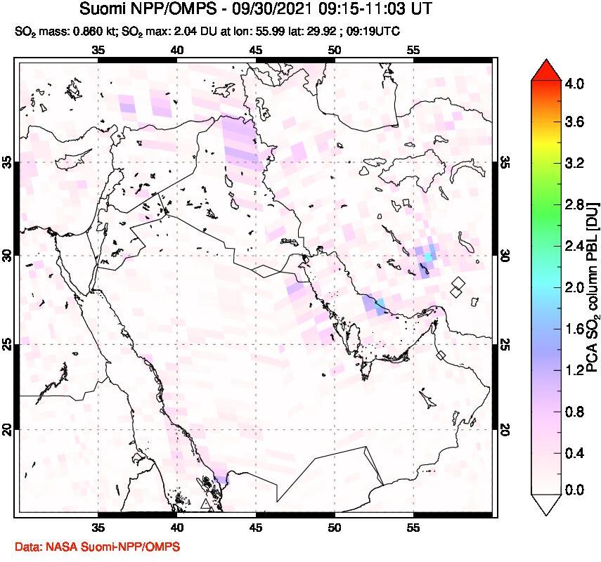 A sulfur dioxide image over Middle East on Sep 30, 2021.