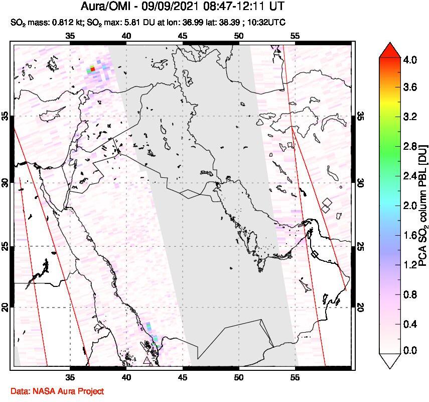 A sulfur dioxide image over Middle East on Sep 09, 2021.