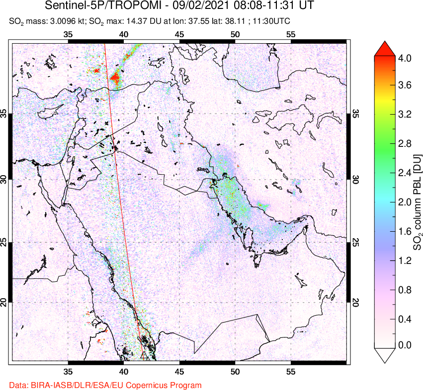 A sulfur dioxide image over Middle East on Sep 02, 2021.