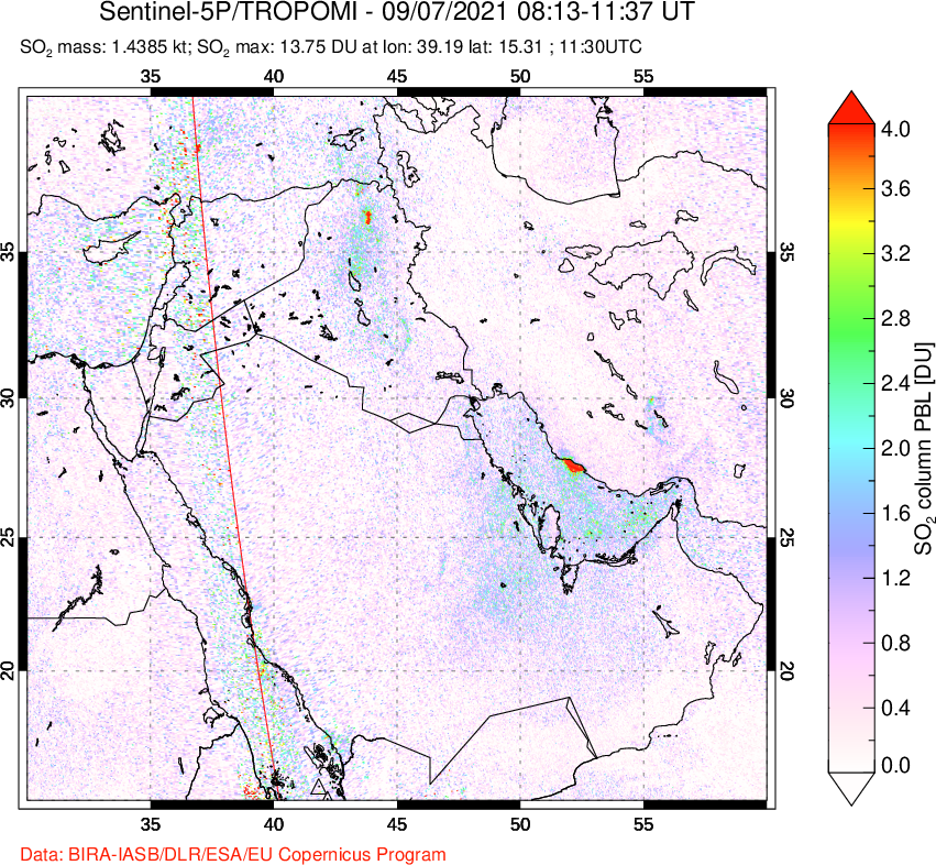A sulfur dioxide image over Middle East on Sep 07, 2021.