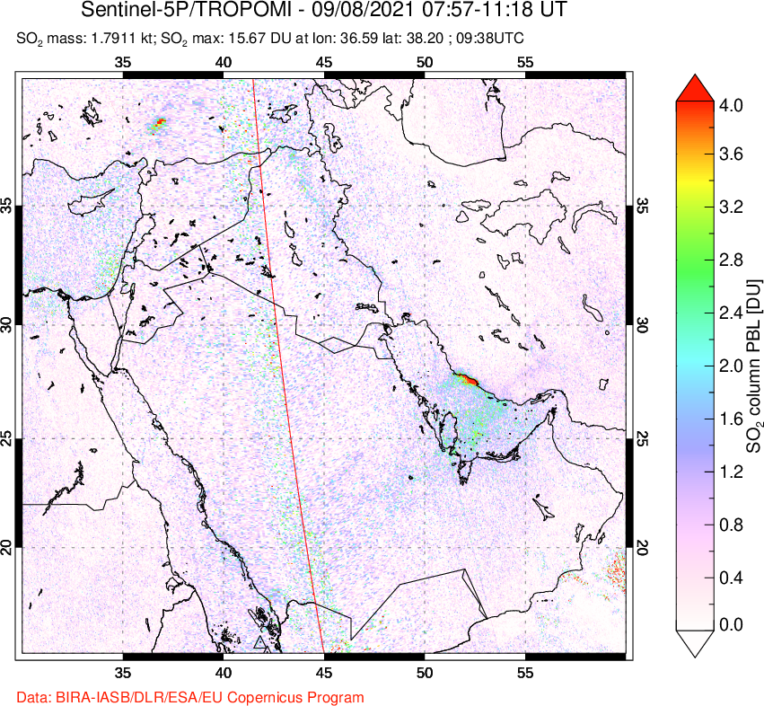 A sulfur dioxide image over Middle East on Sep 08, 2021.