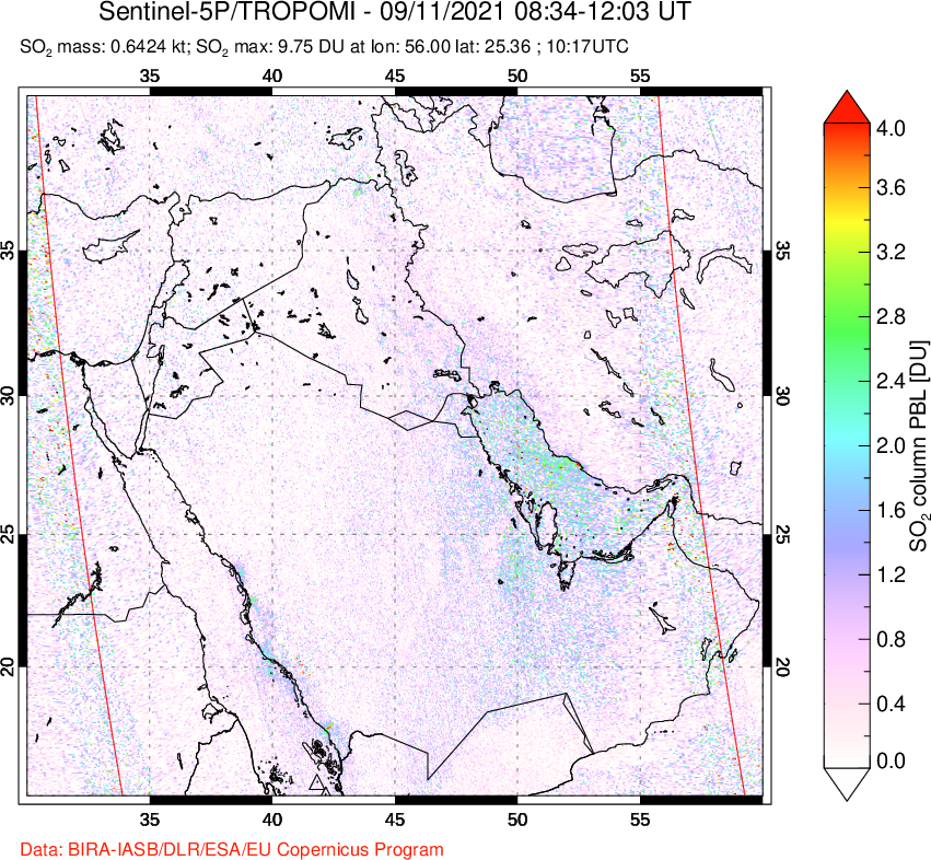 A sulfur dioxide image over Middle East on Sep 11, 2021.